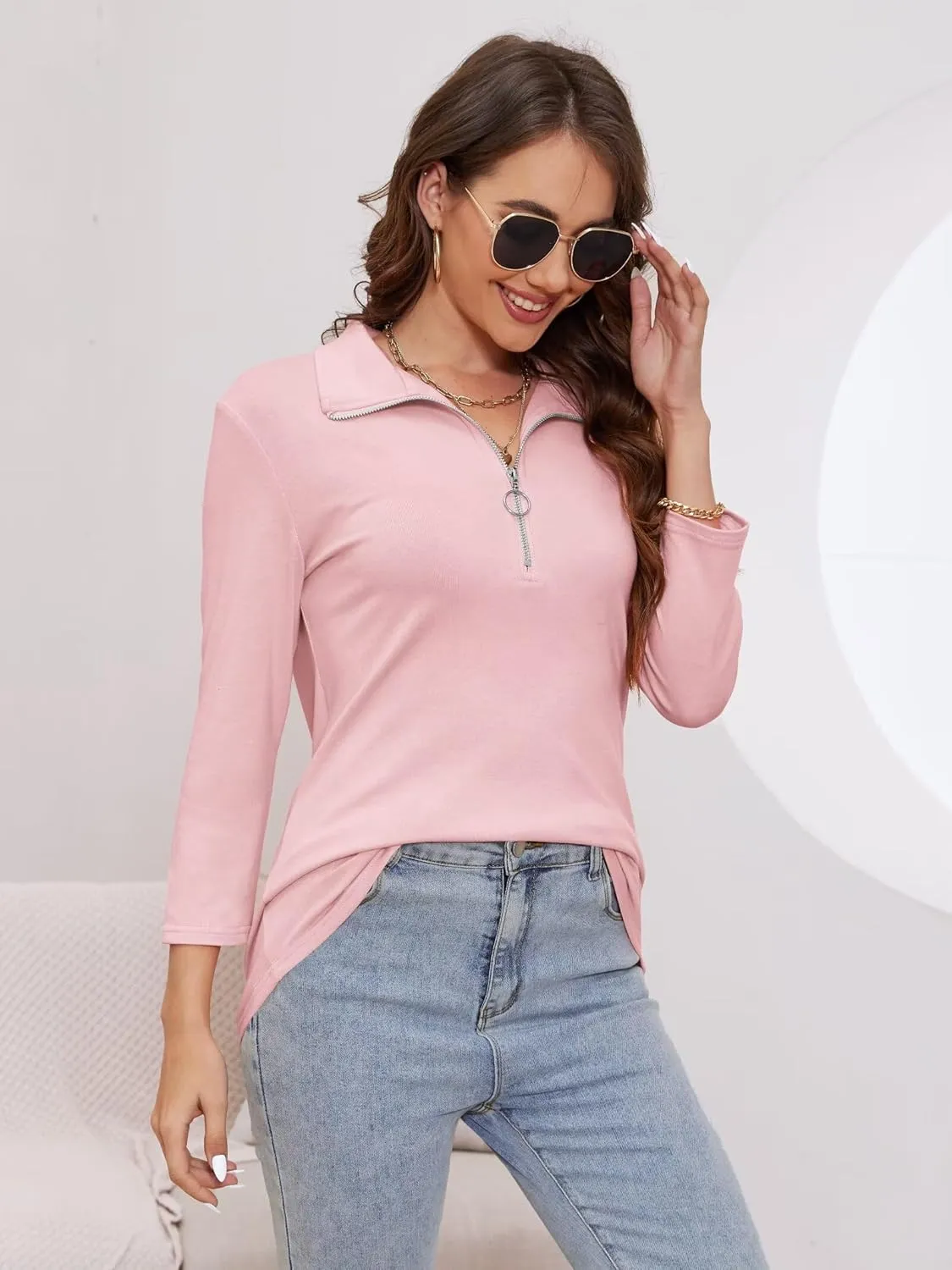 Minetom Women's V Neck 3/4 Sleeve Tops Quarter Zip Collared Shirts Polo Shirts Summer Tees