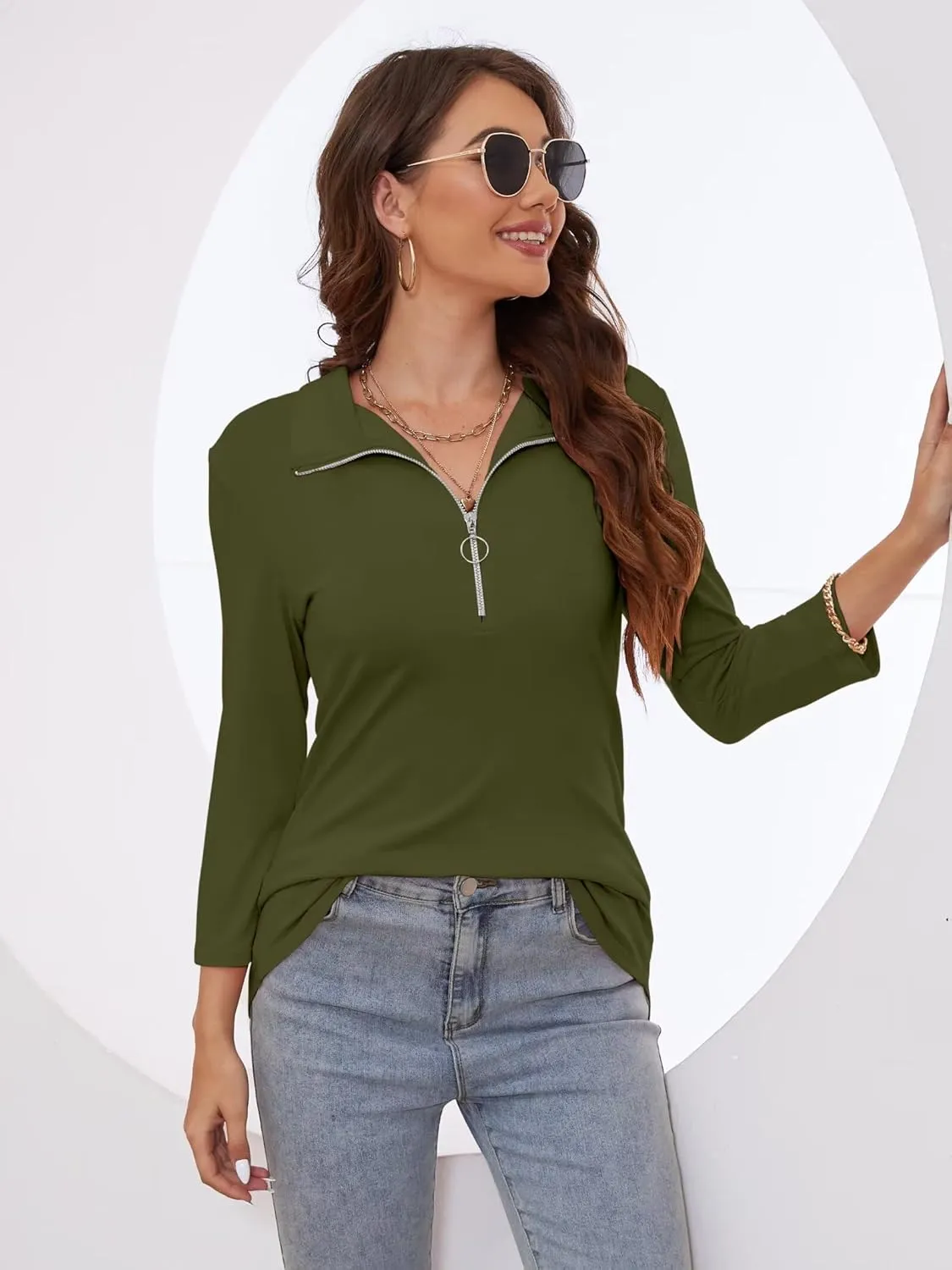 Minetom Women's V Neck 3/4 Sleeve Tops Quarter Zip Collared Shirts Polo Shirts Summer Tees