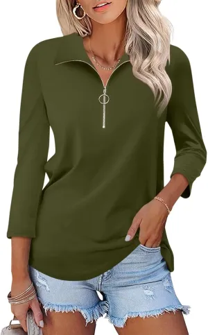 Minetom Women's V Neck 3/4 Sleeve Tops Quarter Zip Collared Shirts Polo Shirts Summer Tees