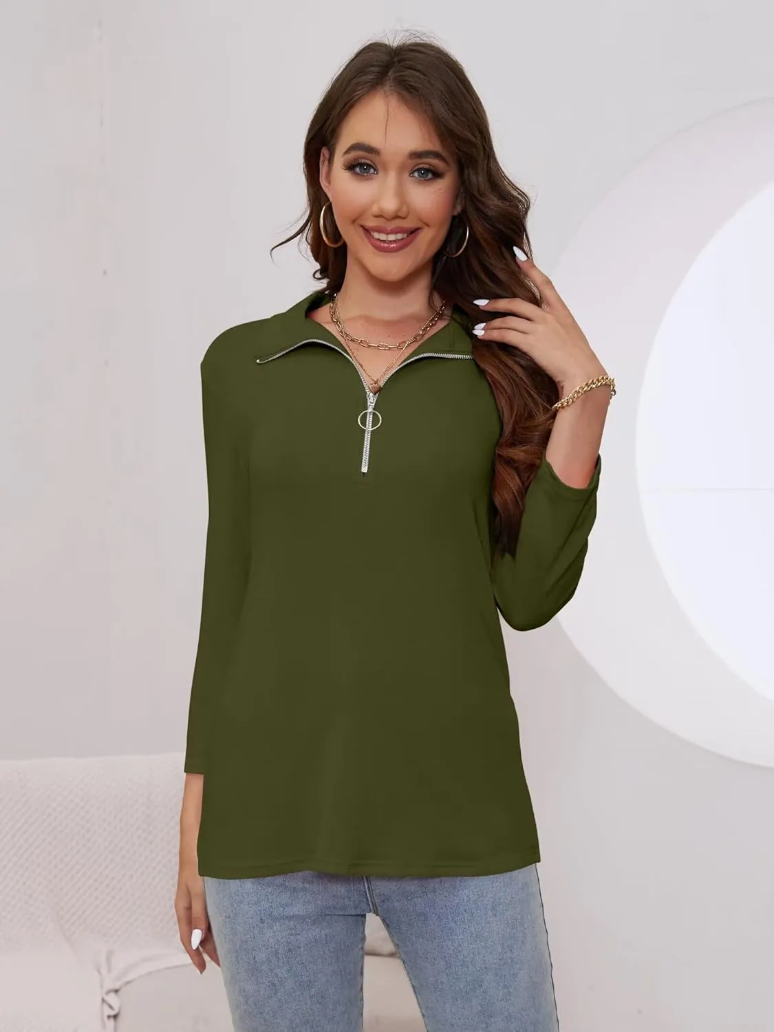 Minetom Women's V Neck 3/4 Sleeve Tops Quarter Zip Collared Shirts Polo Shirts Summer Tees