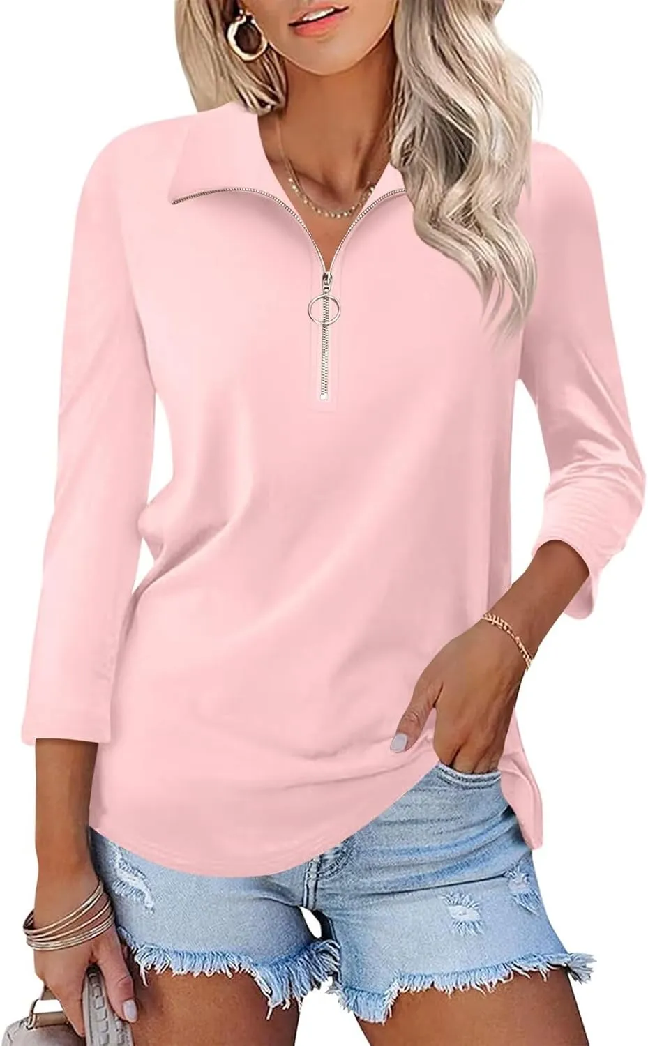 Minetom Women's V Neck 3/4 Sleeve Tops Quarter Zip Collared Shirts Polo Shirts Summer Tees
