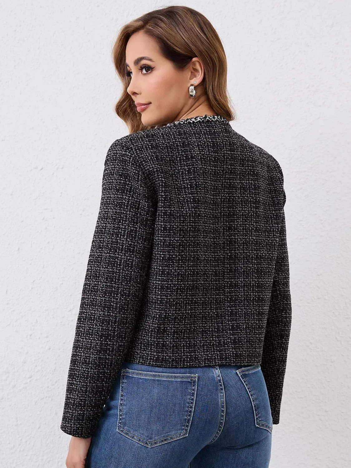 M.Infisavo Tweed Cardigan for Women Button Down Long Sleeve Warm Cropped Jacket Blazers