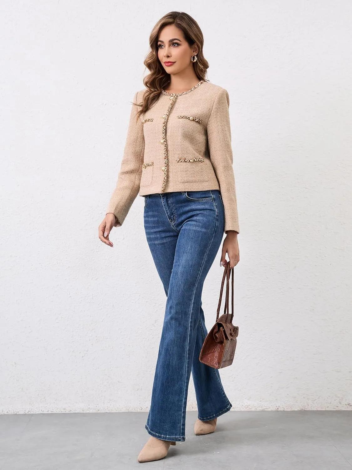 M.Infisavo Tweed Cardigan for Women Button Down Long Sleeve Warm Cropped Jacket Blazers