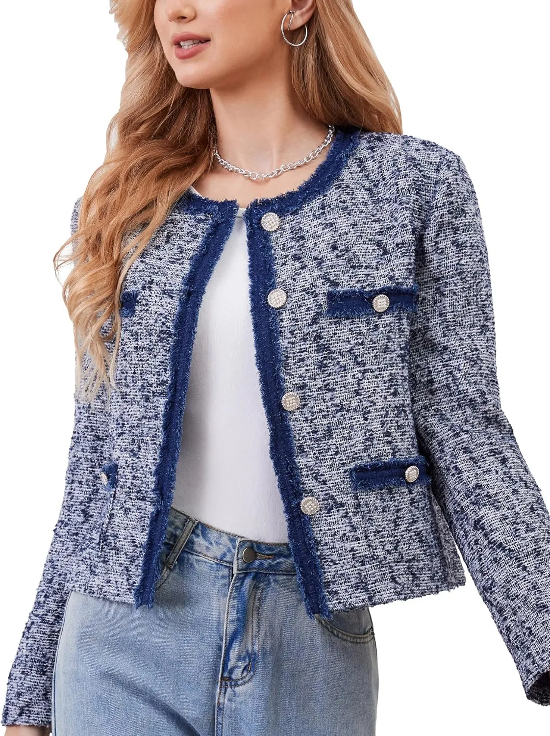 M.Infisavo Tweed Cardigan for Women Button Down Long Sleeve Warm Cropped Jacket Blazers