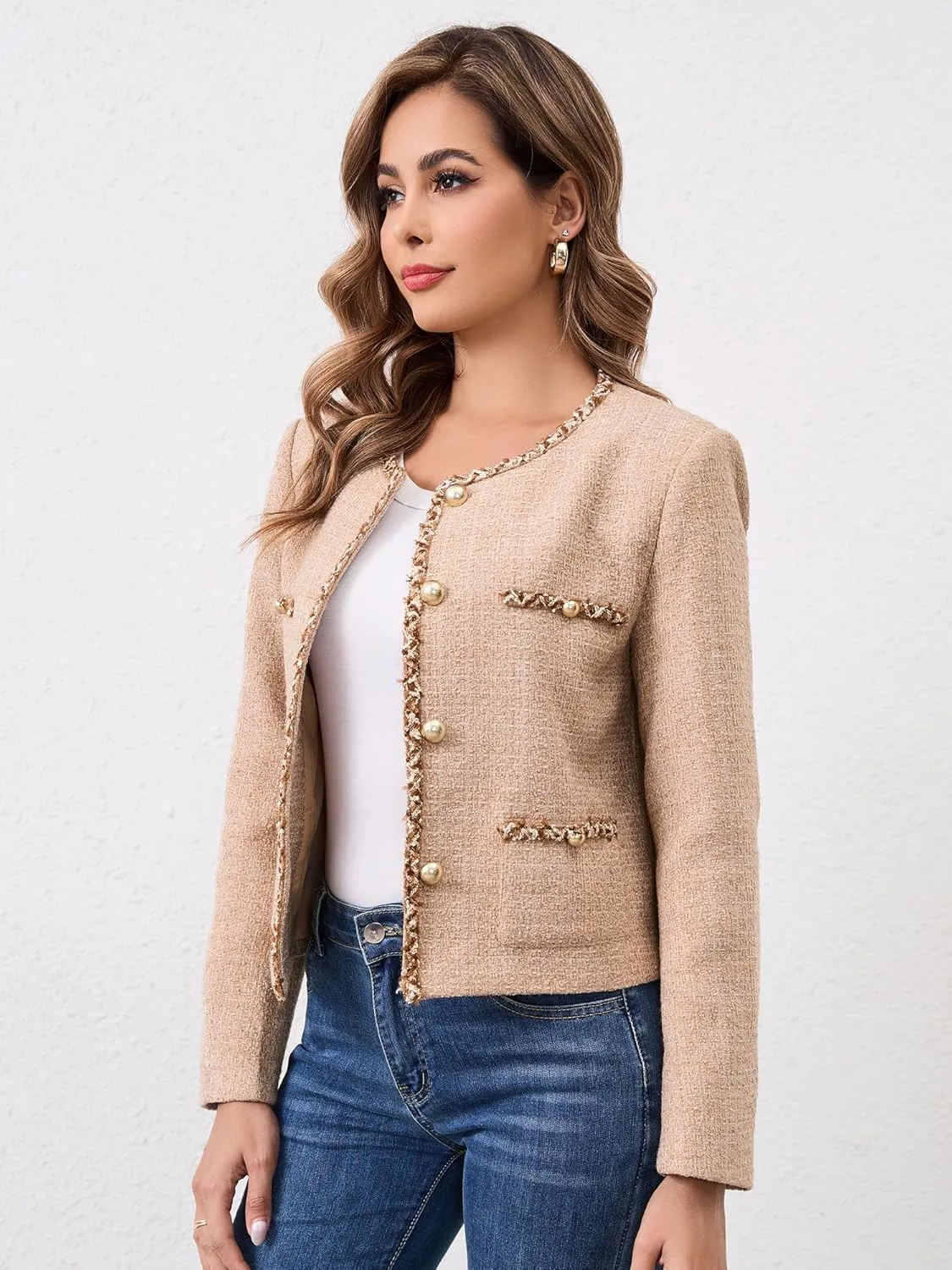 M.Infisavo Tweed Cardigan for Women Button Down Long Sleeve Warm Cropped Jacket Blazers