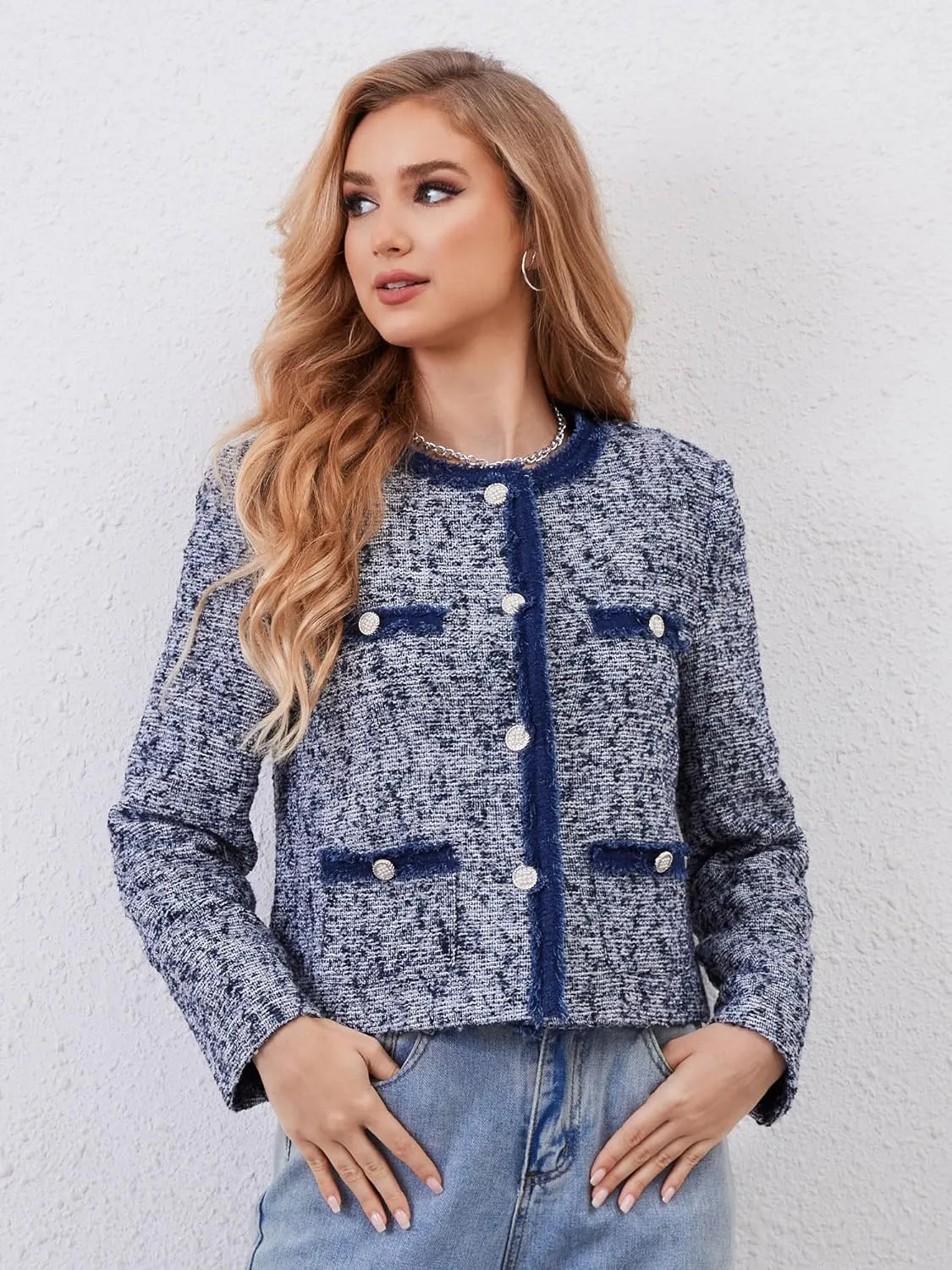 M.Infisavo Tweed Cardigan for Women Button Down Long Sleeve Warm Cropped Jacket Blazers