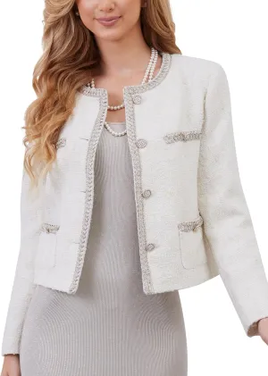 M.Infisavo Tweed Cardigan for Women Button Down Long Sleeve Warm Cropped Jacket Blazers