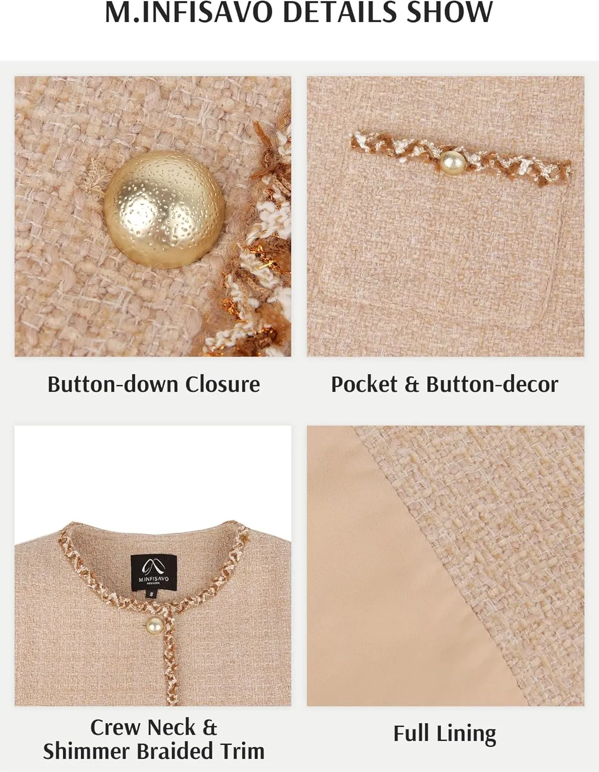M.Infisavo Tweed Cardigan for Women Button Down Long Sleeve Warm Cropped Jacket Blazers