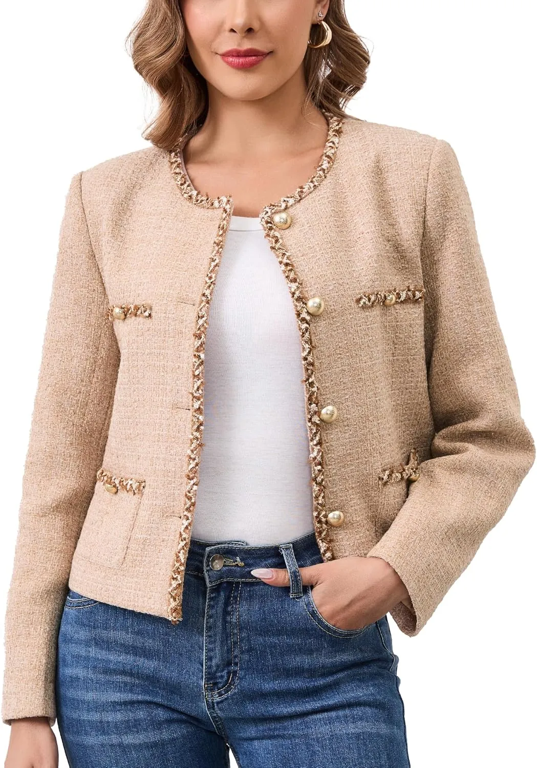 M.Infisavo Tweed Cardigan for Women Button Down Long Sleeve Warm Cropped Jacket Blazers
