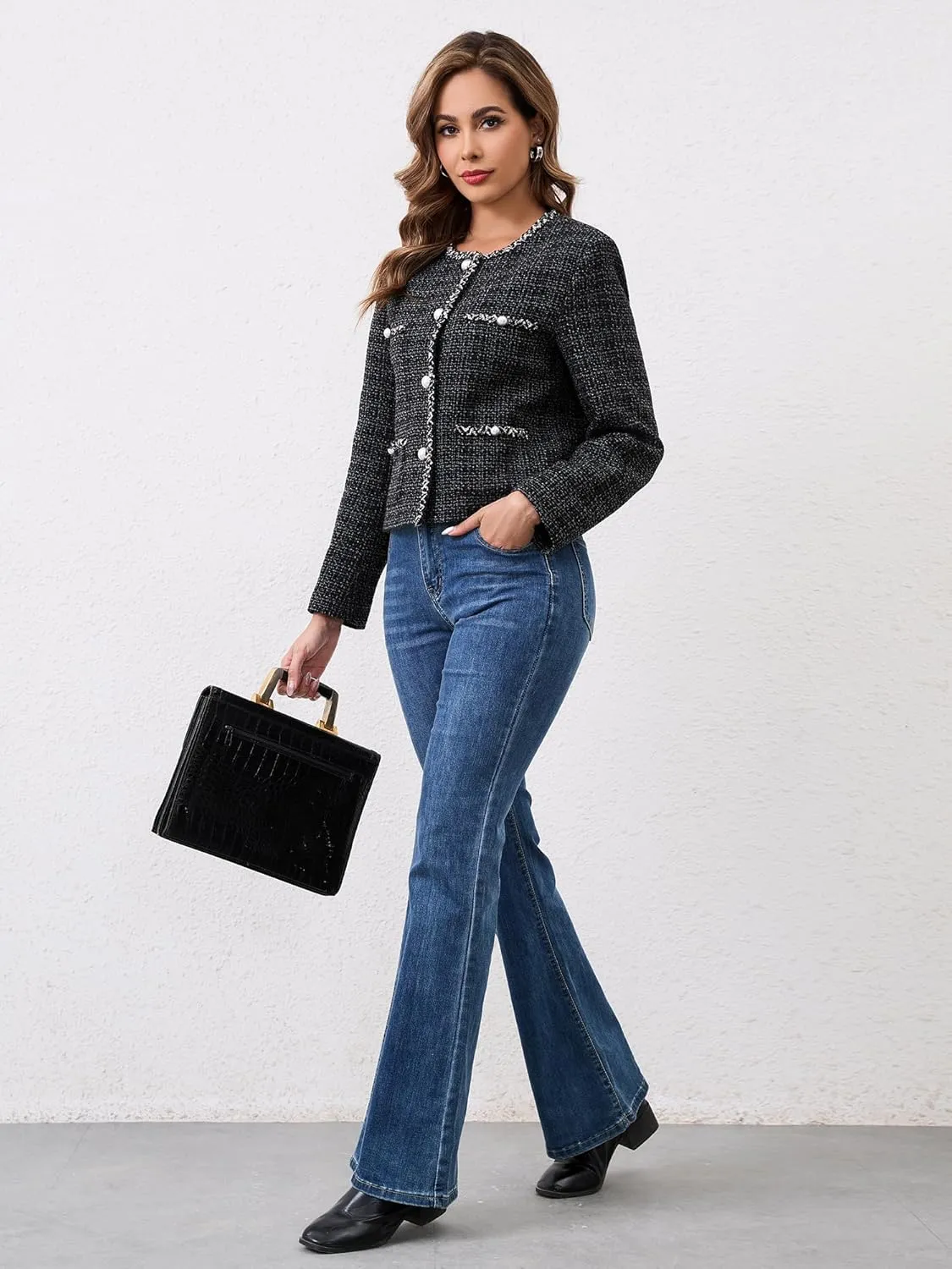 M.Infisavo Tweed Cardigan for Women Button Down Long Sleeve Warm Cropped Jacket Blazers