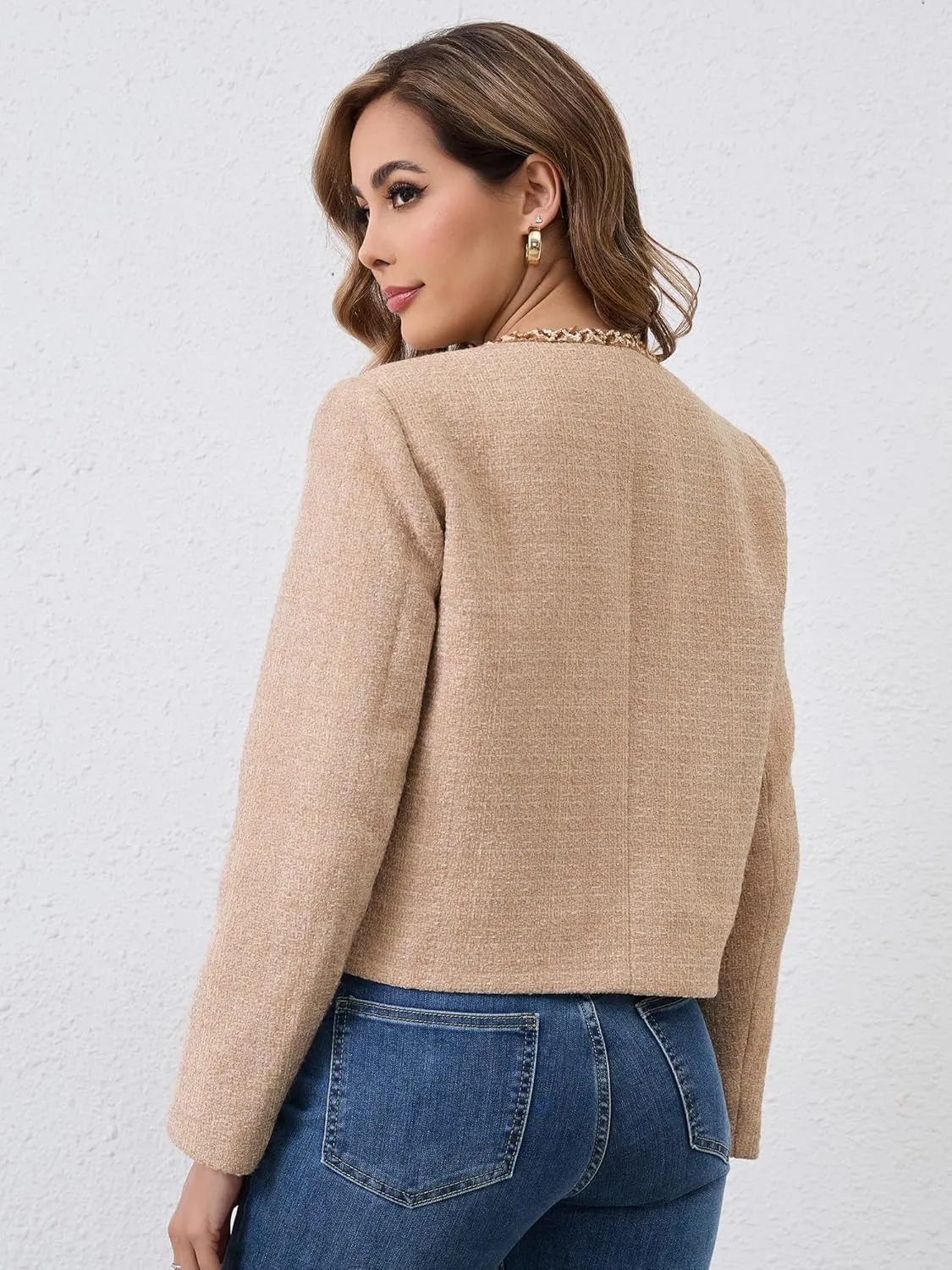 M.Infisavo Tweed Cardigan for Women Button Down Long Sleeve Warm Cropped Jacket Blazers