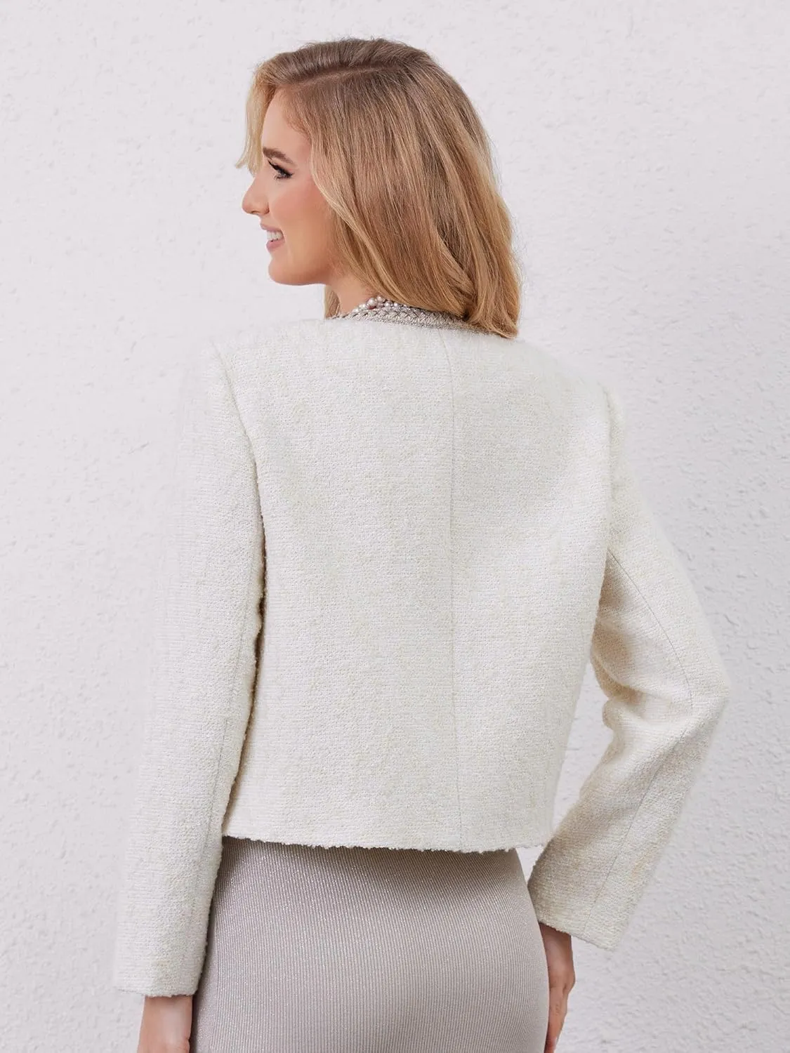 M.Infisavo Tweed Cardigan for Women Button Down Long Sleeve Warm Cropped Jacket Blazers