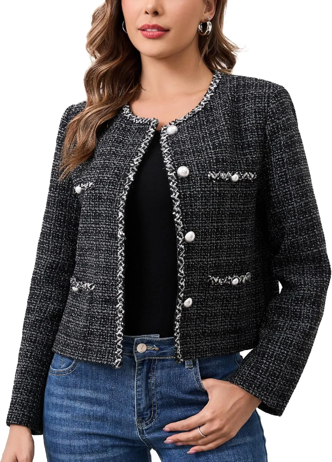 M.Infisavo Tweed Cardigan for Women Button Down Long Sleeve Warm Cropped Jacket Blazers