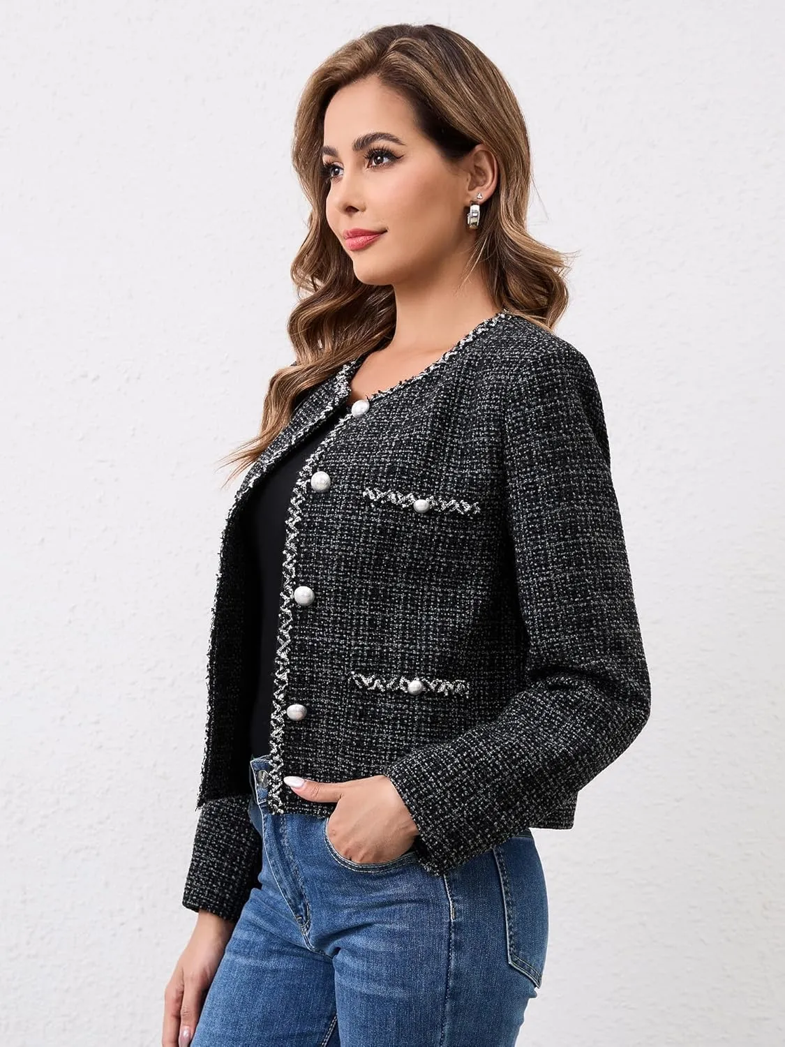 M.Infisavo Tweed Cardigan for Women Button Down Long Sleeve Warm Cropped Jacket Blazers