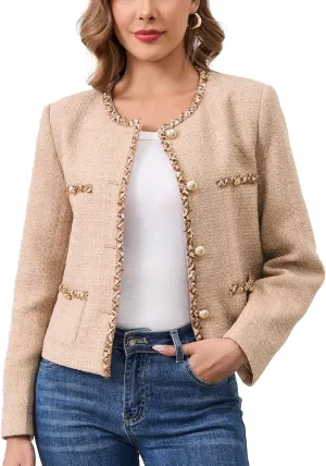 M.Infisavo Tweed Cardigan for Women Button Down Long Sleeve Warm Cropped Jacket Blazers