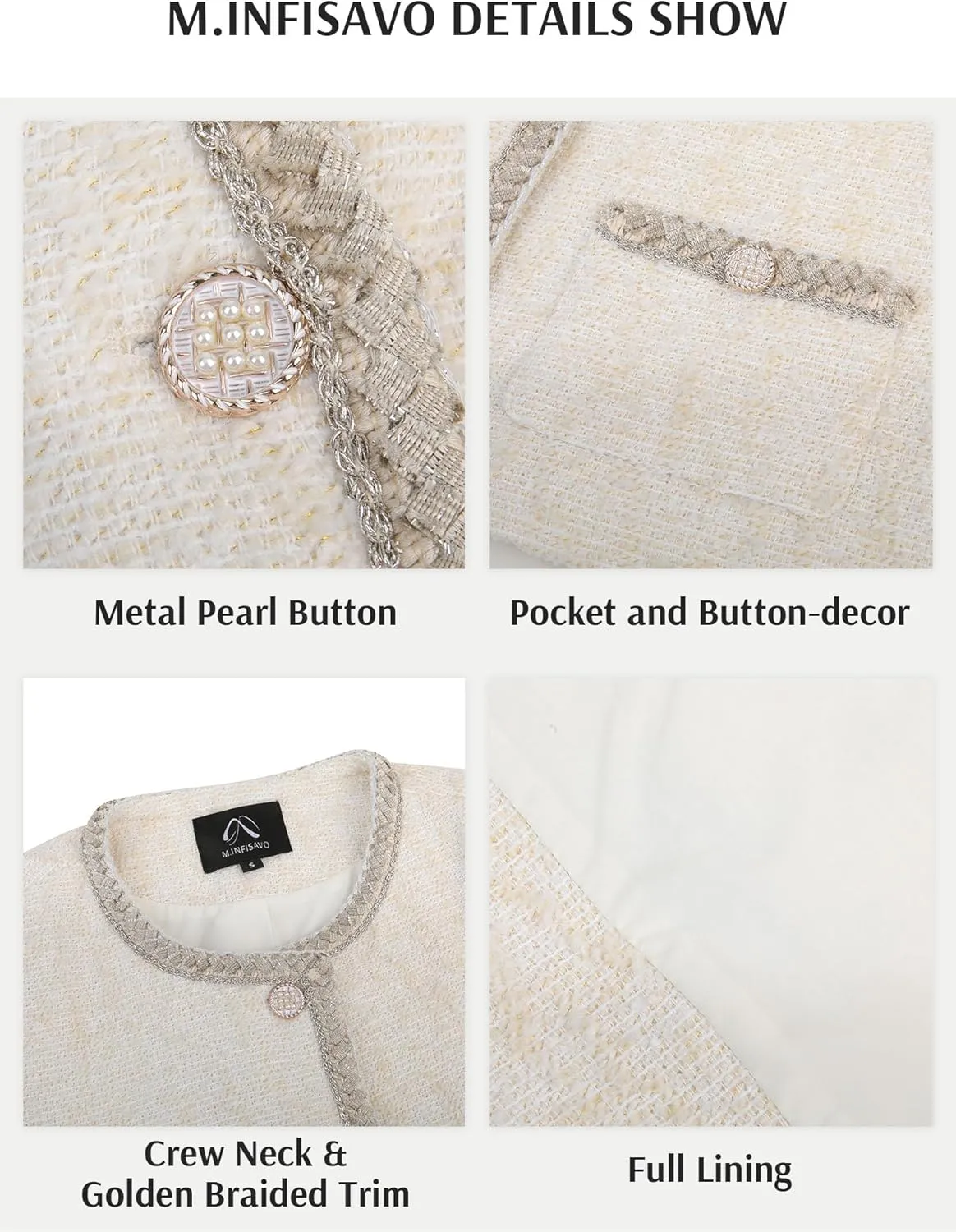 M.Infisavo Tweed Cardigan for Women Button Down Long Sleeve Warm Cropped Jacket Blazers