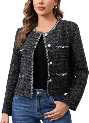 M.Infisavo Tweed Cardigan for Women Button Down Long Sleeve Warm Cropped Jacket Blazers