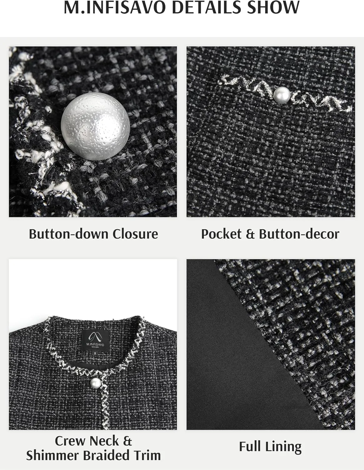 M.Infisavo Tweed Cardigan for Women Button Down Long Sleeve Warm Cropped Jacket Blazers