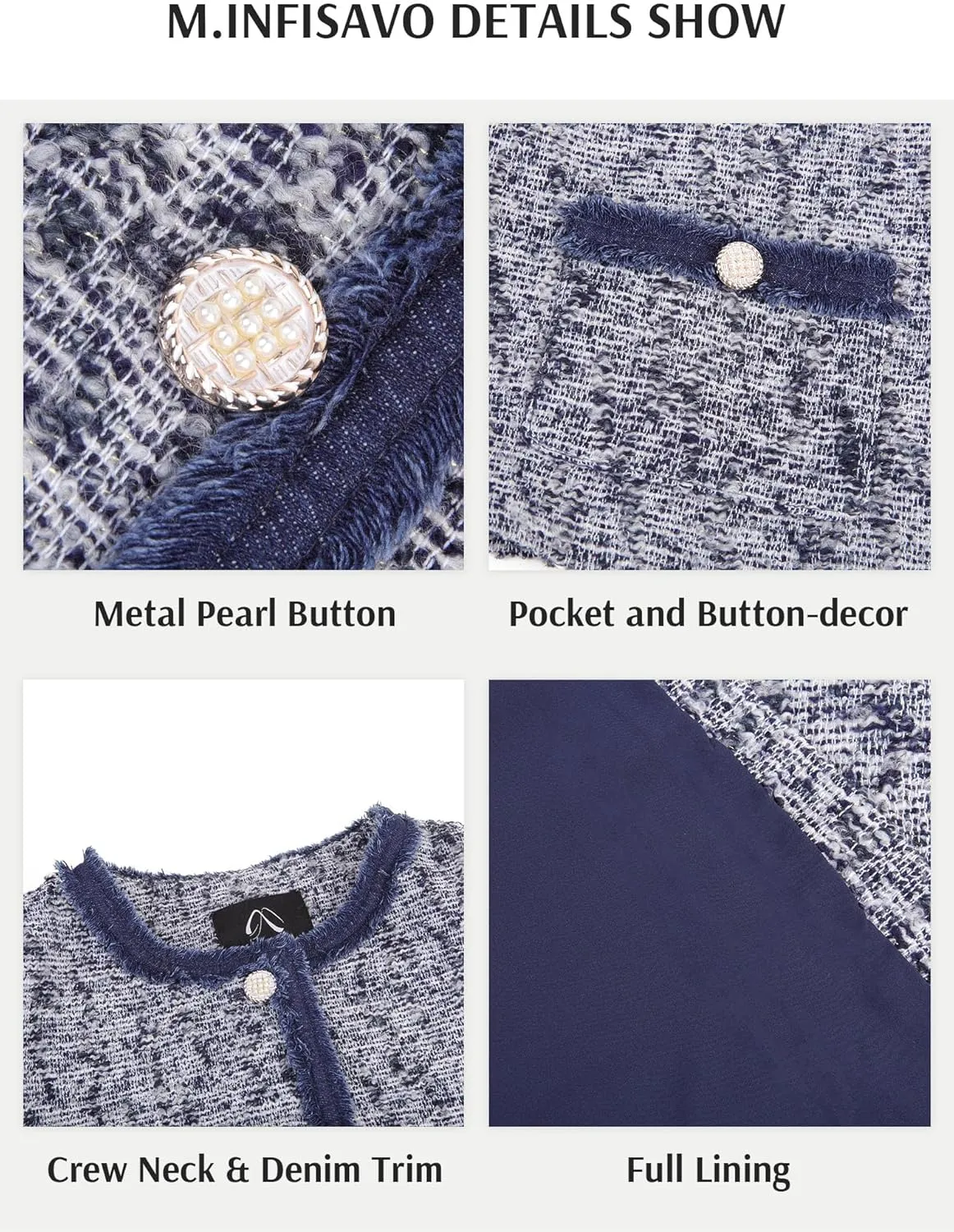 M.Infisavo Tweed Cardigan for Women Button Down Long Sleeve Warm Cropped Jacket Blazers