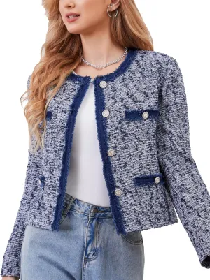 M.Infisavo Tweed Cardigan for Women Button Down Long Sleeve Warm Cropped Jacket Blazers