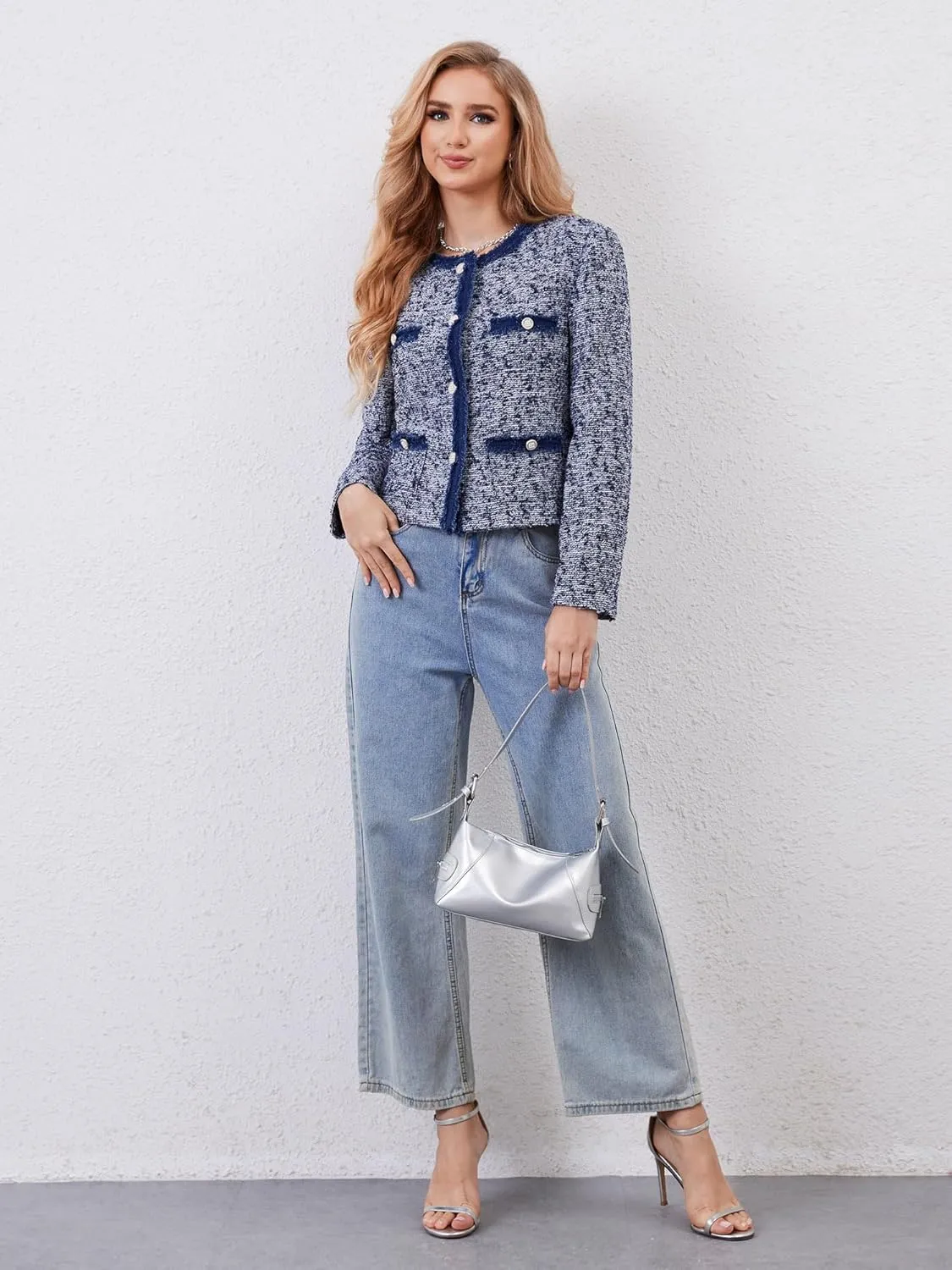 M.Infisavo Tweed Cardigan for Women Button Down Long Sleeve Warm Cropped Jacket Blazers