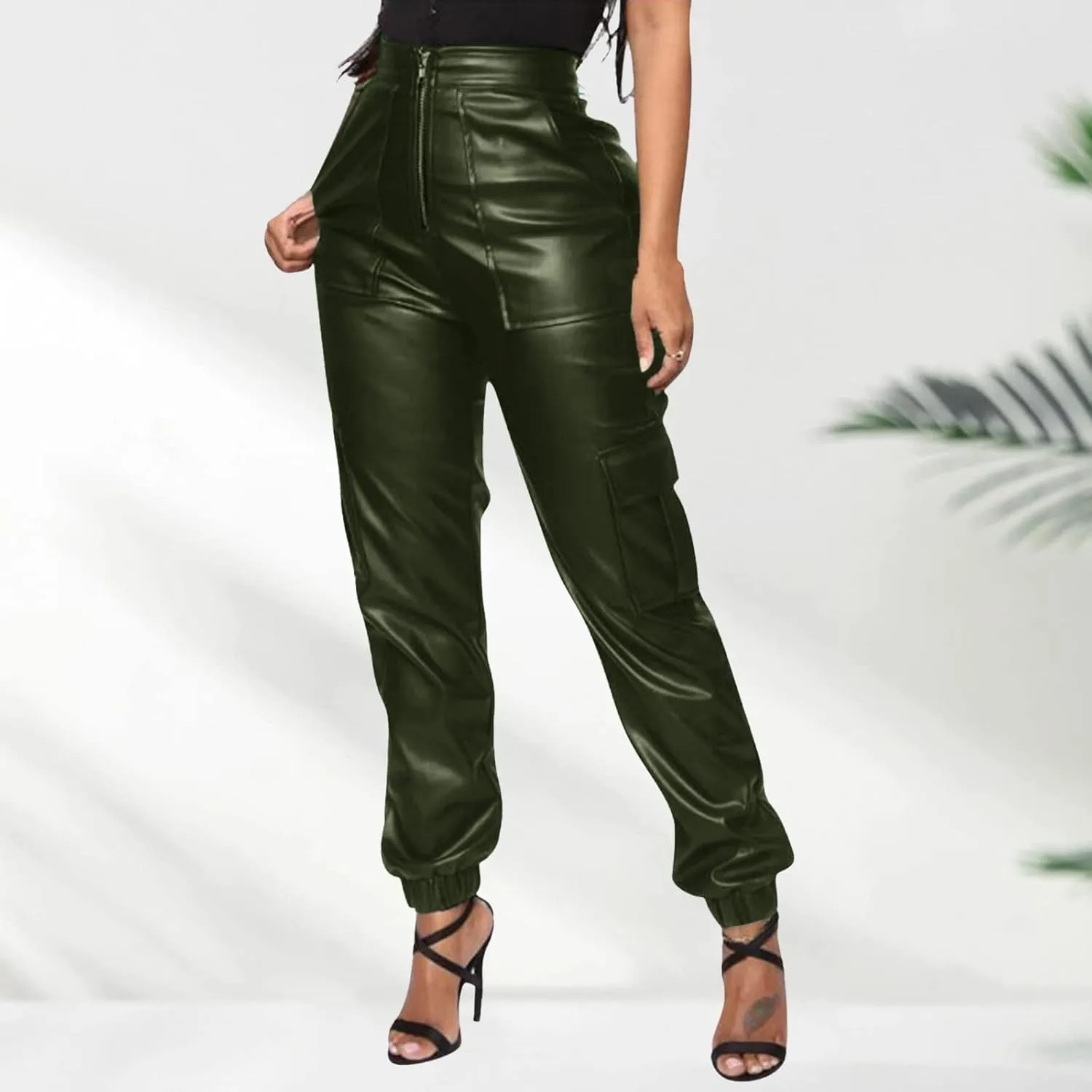 Miyaomn Womens Stretch Faux Leather Pants High Waisted Cuffed Ankle PU Leather Trousers Baggy Jogger Cargo Pants with Pockets
