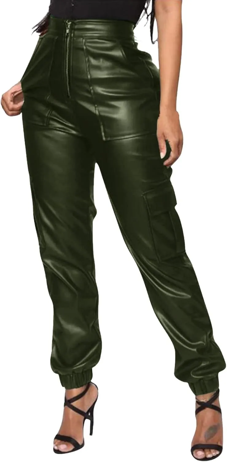 Miyaomn Womens Stretch Faux Leather Pants High Waisted Cuffed Ankle PU Leather Trousers Baggy Jogger Cargo Pants with Pockets
