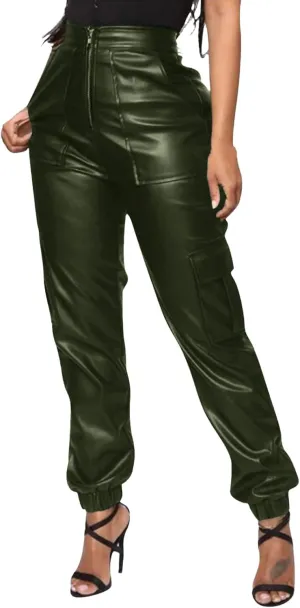Miyaomn Womens Stretch Faux Leather Pants High Waisted Cuffed Ankle PU Leather Trousers Baggy Jogger Cargo Pants with Pockets