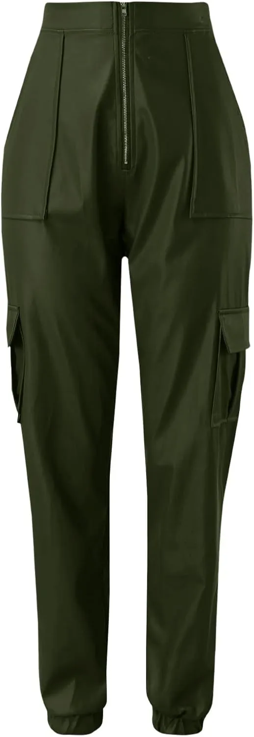 Miyaomn Womens Stretch Faux Leather Pants High Waisted Cuffed Ankle PU Leather Trousers Baggy Jogger Cargo Pants with Pockets