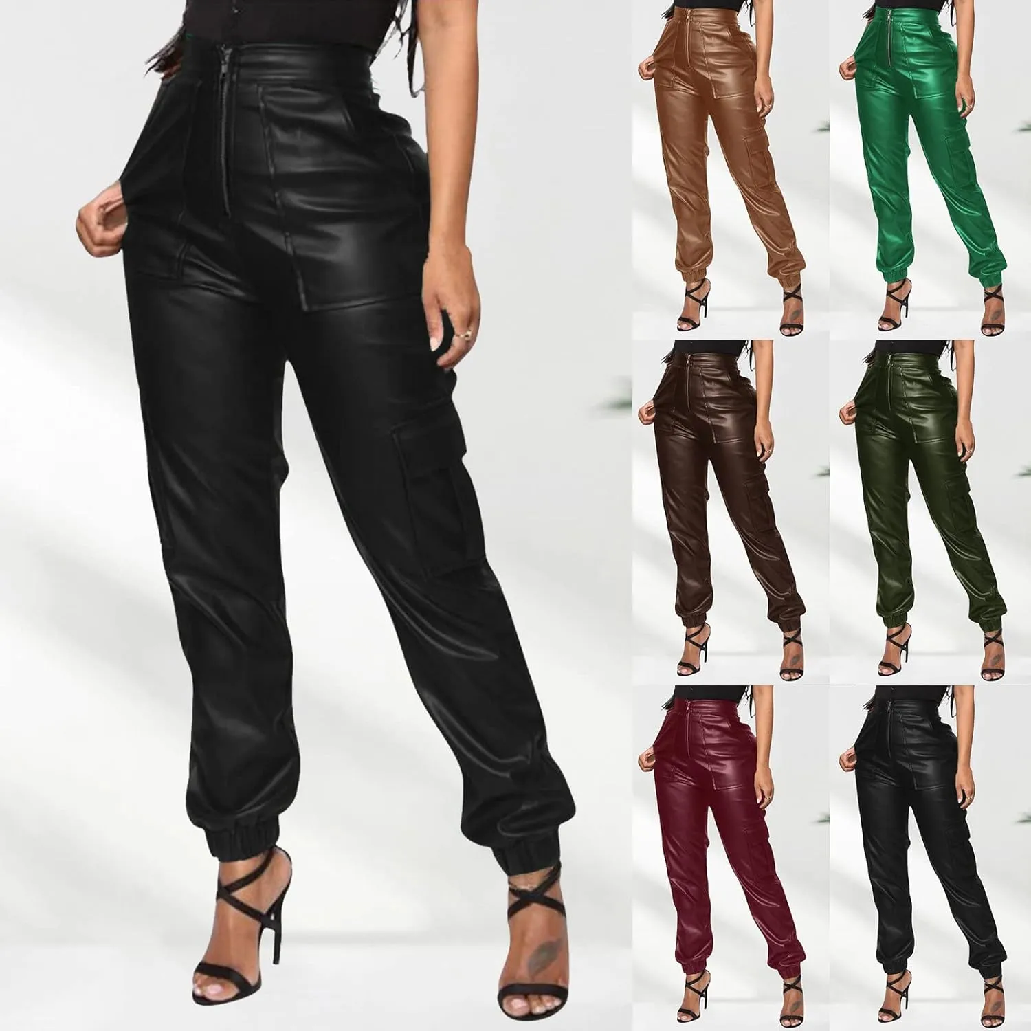 Miyaomn Womens Stretch Faux Leather Pants High Waisted Cuffed Ankle PU Leather Trousers Baggy Jogger Cargo Pants with Pockets