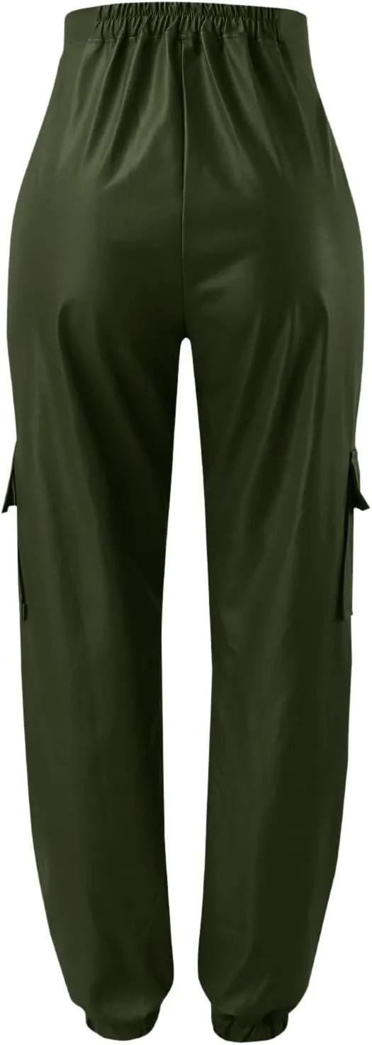 Miyaomn Womens Stretch Faux Leather Pants High Waisted Cuffed Ankle PU Leather Trousers Baggy Jogger Cargo Pants with Pockets