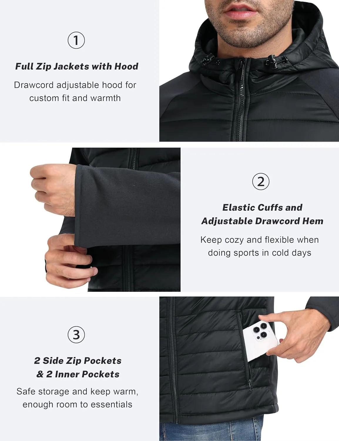 MoFiz Mens Running Hybrid Fleece Jackets Lightweight Puffy Hiking Jacket Winter Thermal Full Zip Hood Insulated Jacket Coat