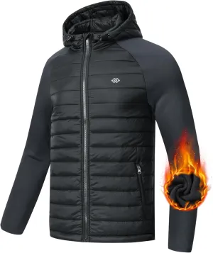 MoFiz Mens Running Hybrid Fleece Jackets Lightweight Puffy Hiking Jacket Winter Thermal Full Zip Hood Insulated Jacket Coat