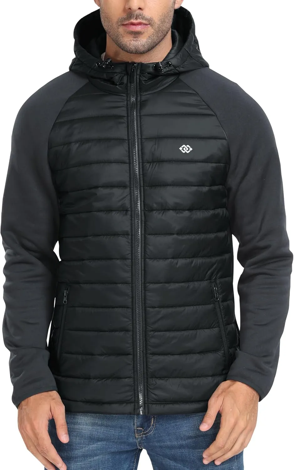 MoFiz Mens Running Hybrid Fleece Jackets Lightweight Puffy Hiking Jacket Winter Thermal Full Zip Hood Insulated Jacket Coat