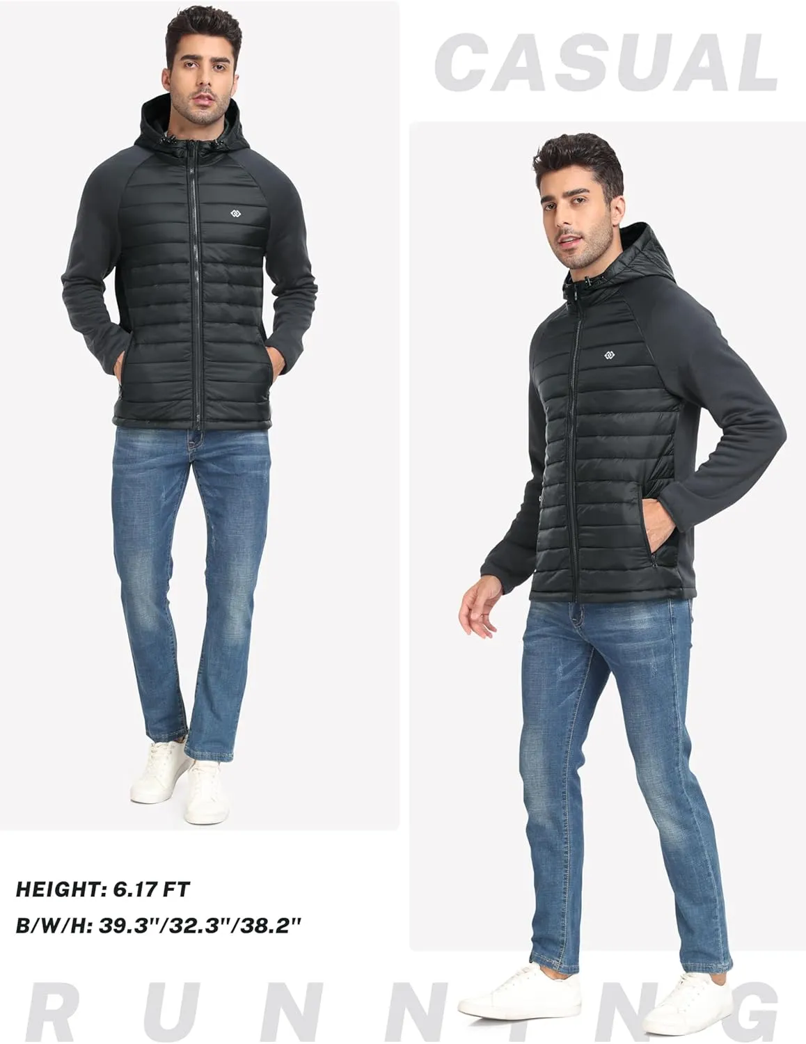 MoFiz Mens Running Hybrid Fleece Jackets Lightweight Puffy Hiking Jacket Winter Thermal Full Zip Hood Insulated Jacket Coat