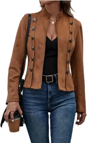 Molilove Women Faux Suede Cropped Jacket Solid Double Breasted Jacket Long Sleeve Deerskin Vintage Coat Casual Outerwear