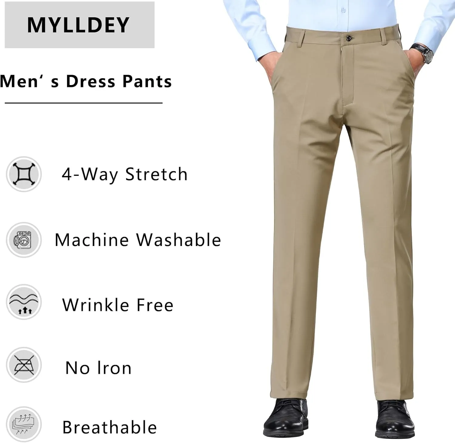 Mylldey Men's Regular Fit Dress Pants Casual Business Flat Front Mens Wrinkle Free Comfort Stretch Pants