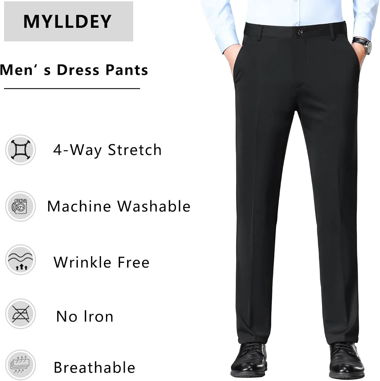 Mylldey Men's Regular Fit Dress Pants Casual Business Flat Front Mens Wrinkle Free Comfort Stretch Pants