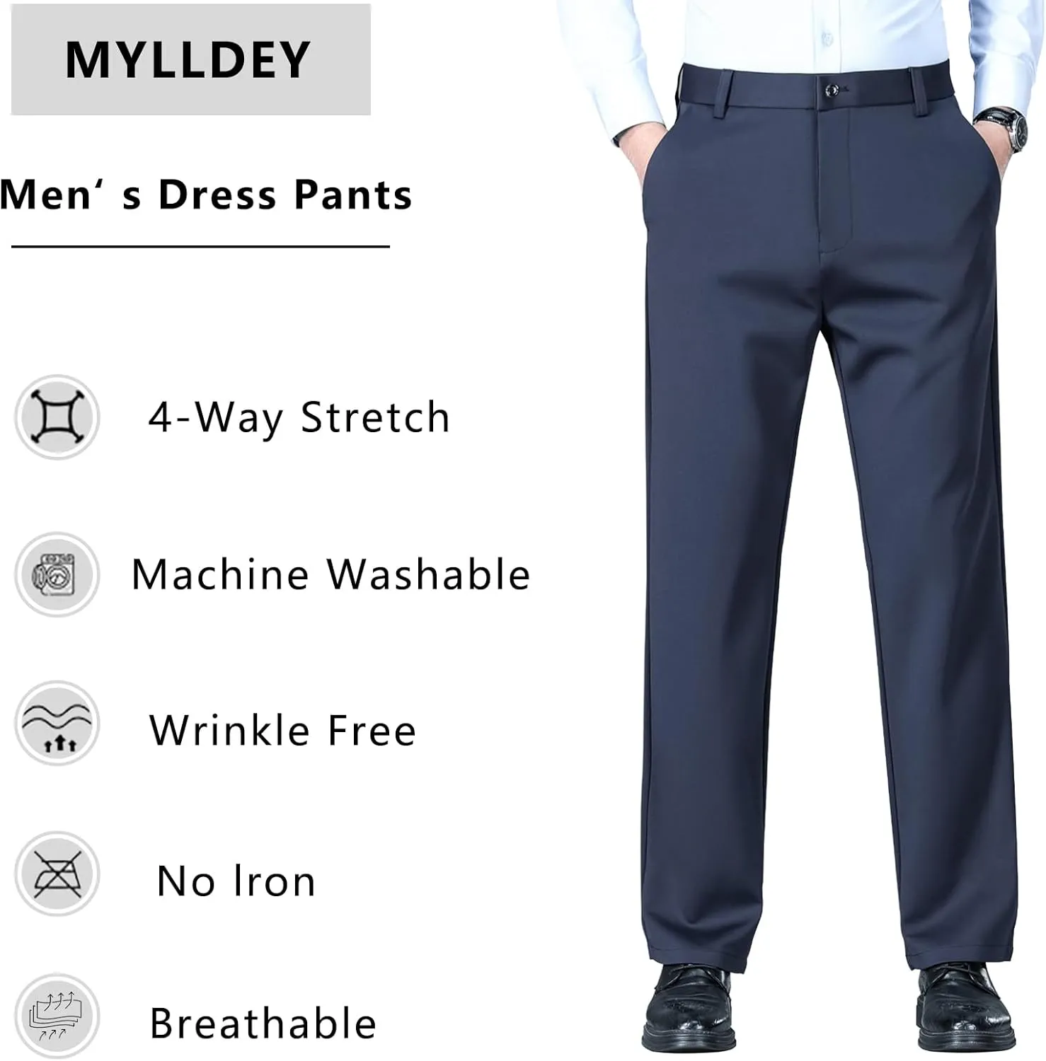 Mylldey Men's Regular Fit Dress Pants Casual Business Flat Front Mens Wrinkle Free Comfort Stretch Pants