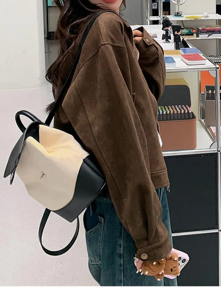 Mywinway Suede Jacket for Women 2024 Fall Winter Cropped Y2k Oversized Faux Leather Crop Blazer Jackets