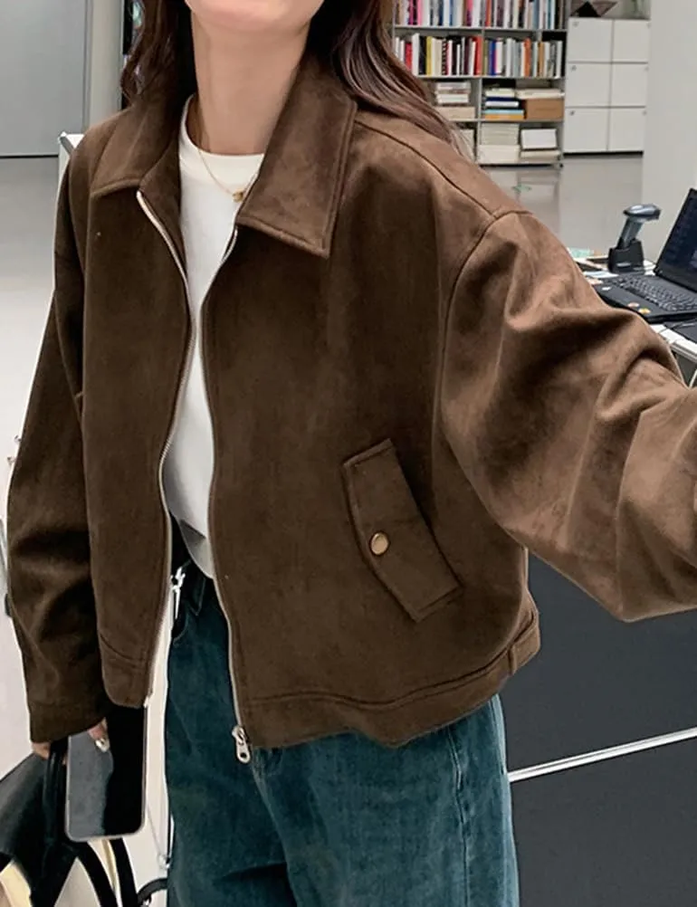 Mywinway Suede Jacket for Women 2024 Fall Winter Cropped Y2k Oversized Faux Leather Crop Blazer Jackets