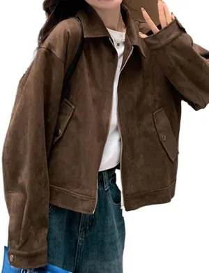 Mywinway Suede Jacket for Women 2024 Fall Winter Cropped Y2k Oversized Faux Leather Crop Blazer Jackets