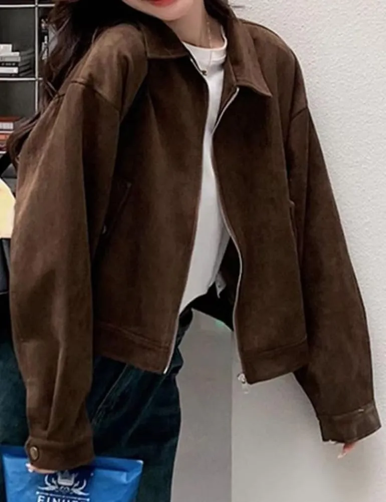 Mywinway Suede Jacket for Women 2024 Fall Winter Cropped Y2k Oversized Faux Leather Crop Blazer Jackets