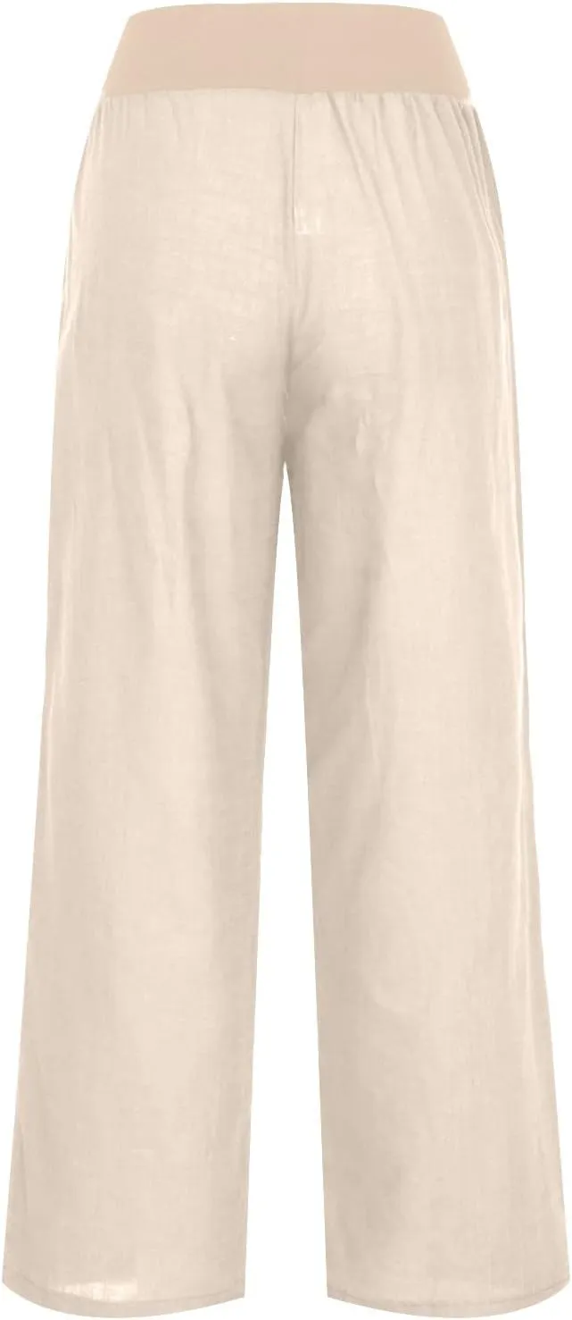 NATHGAM Linen Pants for Women Summer Elastic High Waist with Pockets Straight Palazzo Pants Beach Wide Leg Pant Trousers