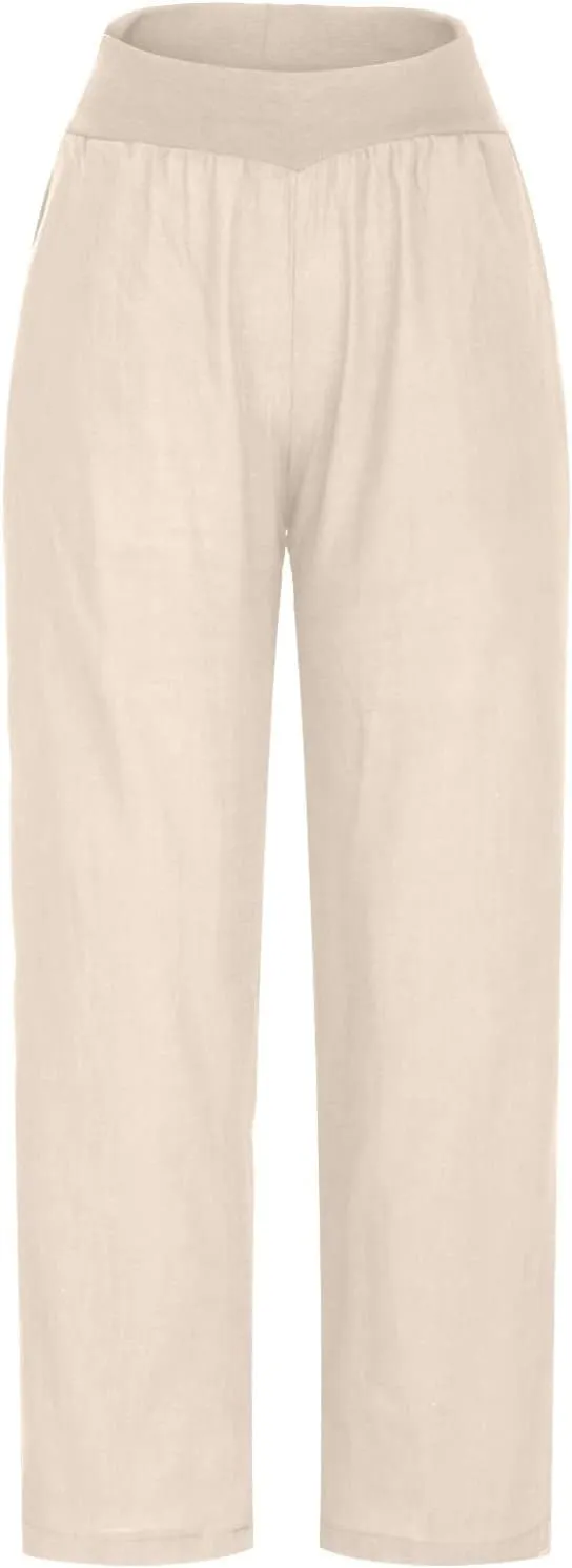NATHGAM Linen Pants for Women Summer Elastic High Waist with Pockets Straight Palazzo Pants Beach Wide Leg Pant Trousers