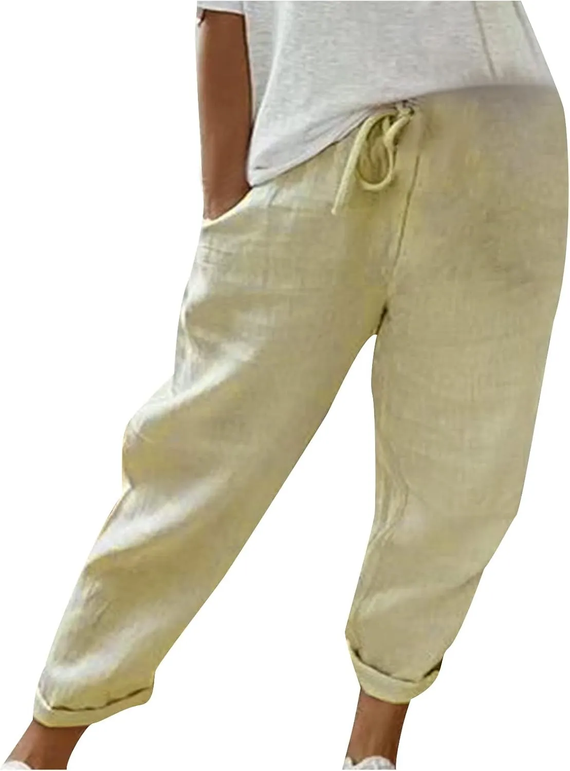 NATHGAM Womens Capri Pants Trendy Solid Color Lounge Palazzo Pants Summer Comfy Linen Loose Cropped Trousers with Pockets