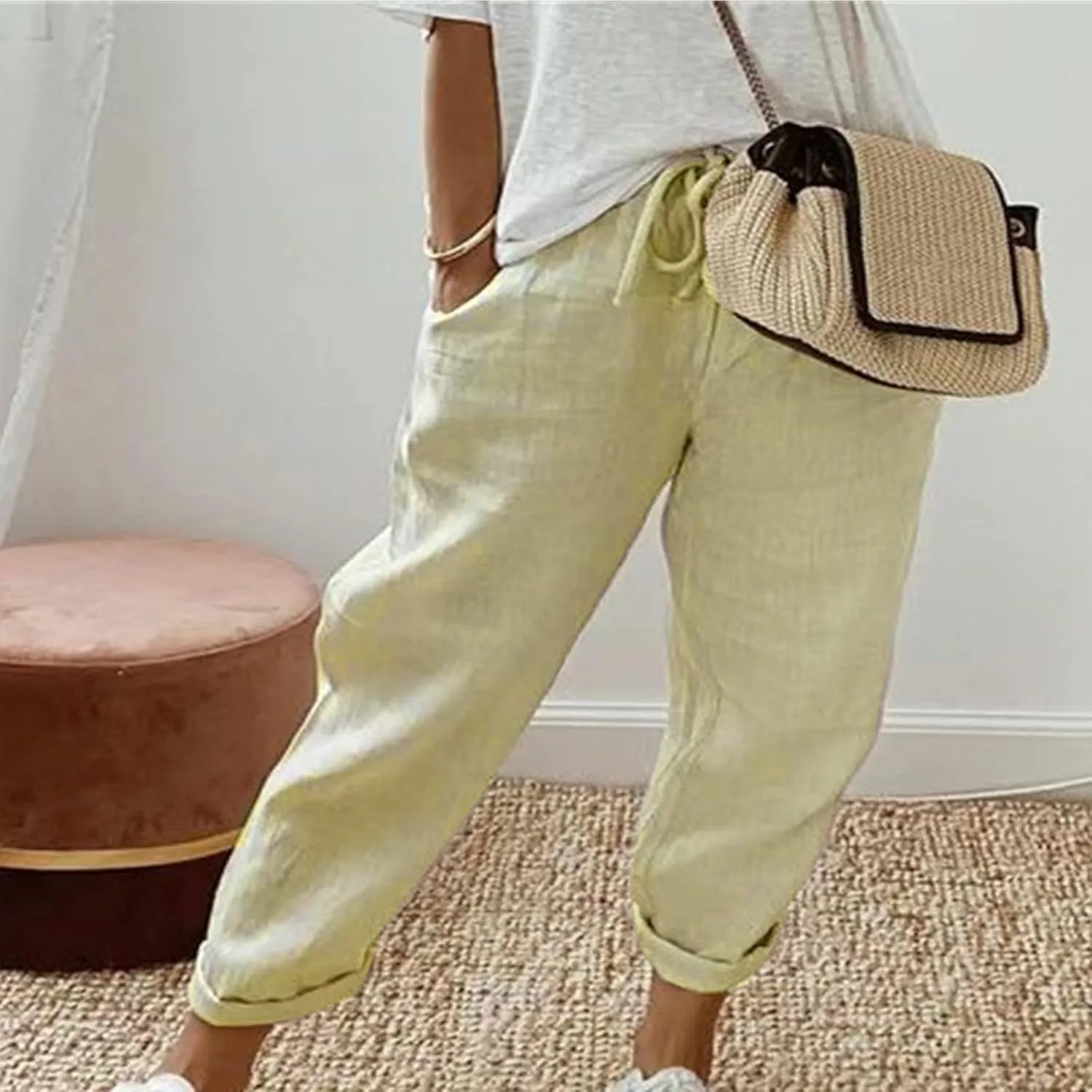 NATHGAM Womens Capri Pants Trendy Solid Color Lounge Palazzo Pants Summer Comfy Linen Loose Cropped Trousers with Pockets