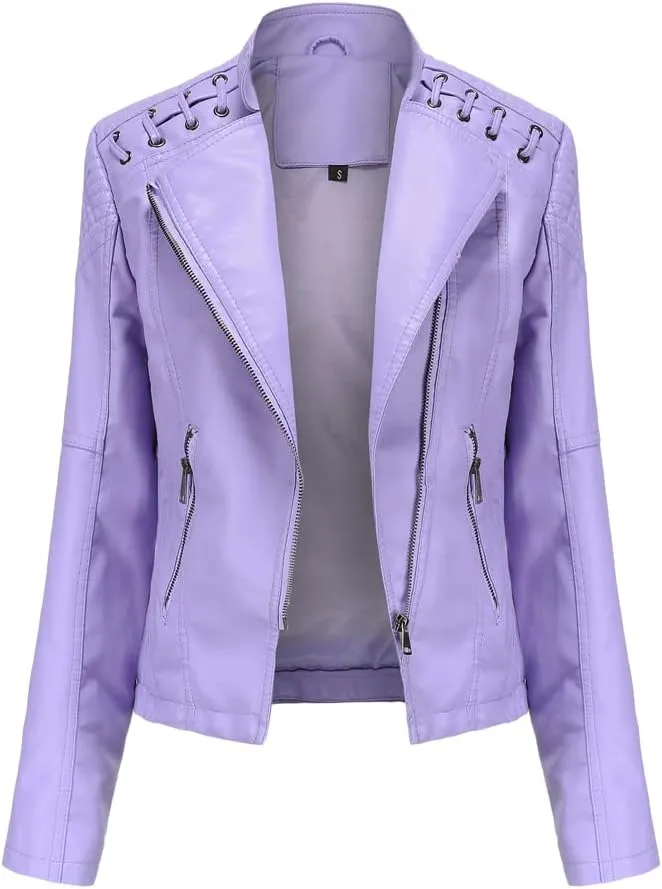 NATHGAM Womens Leather Jacket Long Sleeve Cropped Tops with Zipper Pockets Lightweight Vegan Lapel Biker Jacket Outerwear