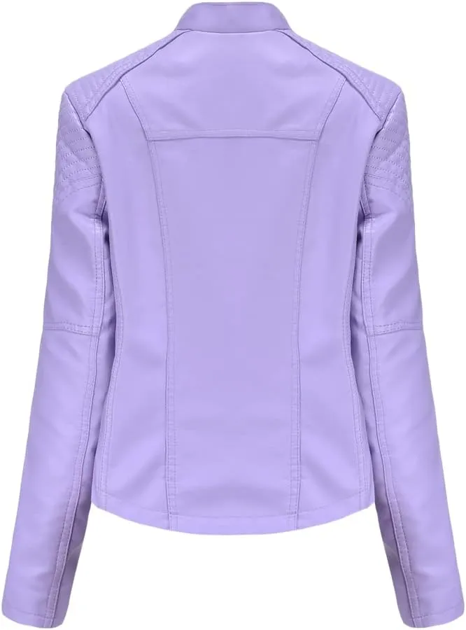 NATHGAM Womens Leather Jacket Long Sleeve Cropped Tops with Zipper Pockets Lightweight Vegan Lapel Biker Jacket Outerwear