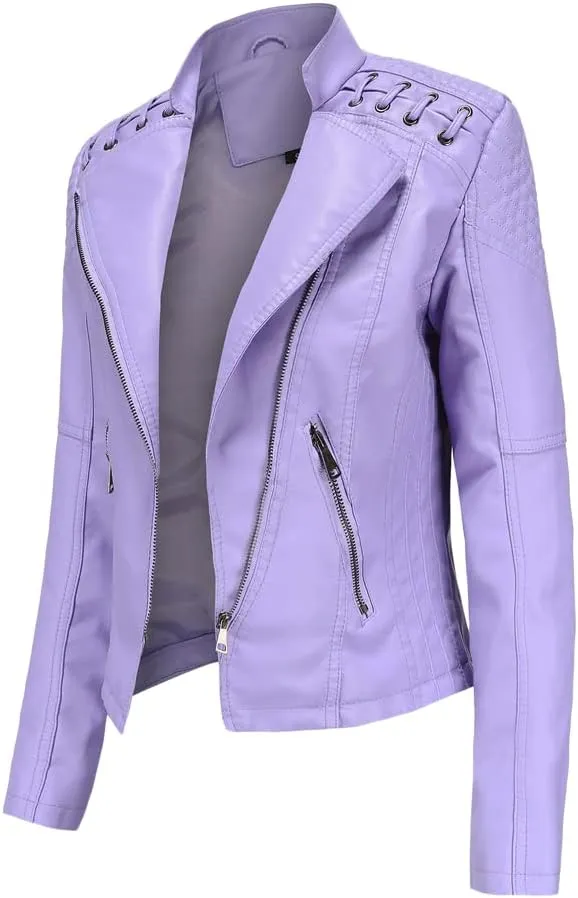 NATHGAM Womens Leather Jacket Long Sleeve Cropped Tops with Zipper Pockets Lightweight Vegan Lapel Biker Jacket Outerwear